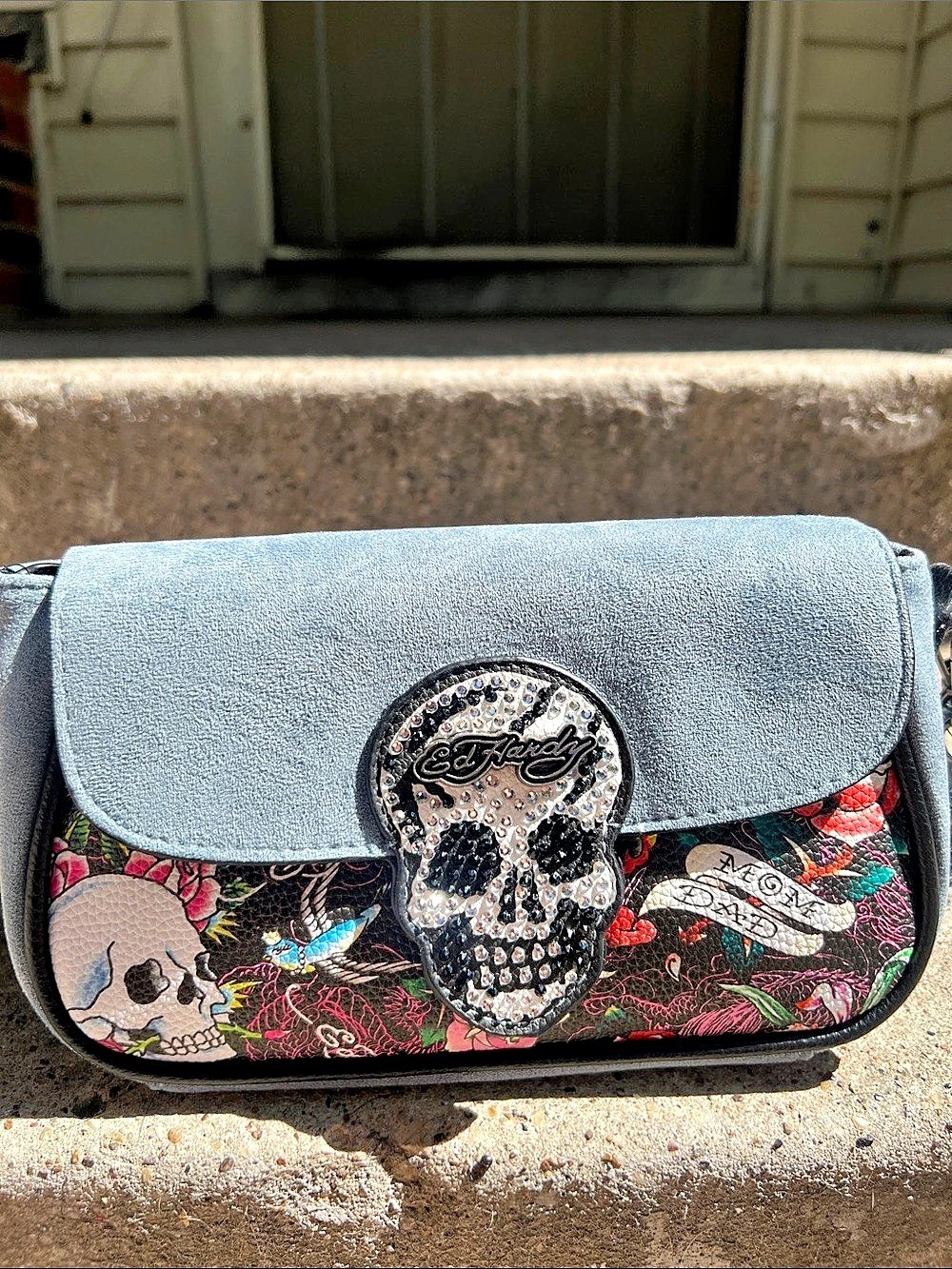 Ed Hardy Skull Embellished Crossbody in Black & Blue
